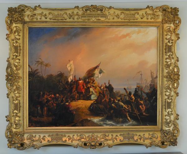 Stunning 19th century oil on canvas painting by Nicolaas Pieneman (Dutch, 1809-1860), titled Columbus Discovers America, signed lower right, 63 inches by 76 inches (est.  $20,000-$30,000).