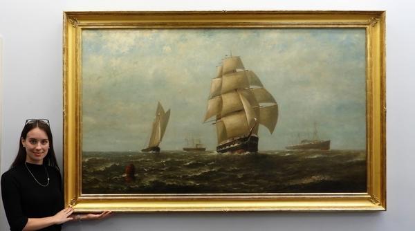 Large (50 inch by 80 inch, framed) oil on canvas maritime seascape painting of a brigantine ship at sea by Wesley Elbridge Webber (Am., 1841-1914) ($9,375).