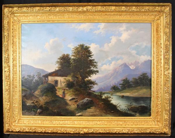 Large 19th century oil on canvas painting of a Swiss Alps cottage, housed in the original gold gilt frame.