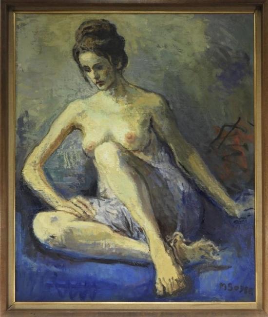 Oil on canvas of a seated female nude in contemplation by the social realist Moses Soyer (Russ./Am., 1899-1974), expected to realize $2,000-$3,000.