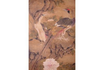 Detail - Lot 194: Attributed to Bian Lu (Uighur, Yuan Dynasty, d.  1356) Flowering Tree with Birds, Ink and watercolor on silk, Signed Bian Lu lower right.  