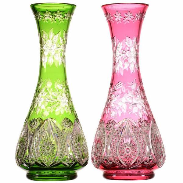 Pair of Brilliant Period Cut Glass vases by Dorflinger -- one cranberry and one green, both cut to clear -- in an unnamed pattern.