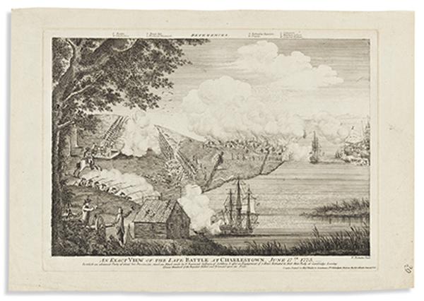 Bernard Romans, An Exact View of the Late Battle at Charlestown, June 17th, 1775, engraving, 1776.  Estimate $40,000 to $60,000.