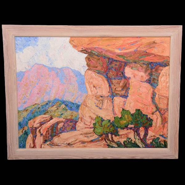 Oil on canvas painting by the renowned Swedish-born American artist Birger Sandzen (1871-1946), titled Cedars and Rocks, one of four Sandzens in the auction.