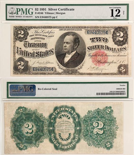 $2 silver certificate from 1891, the only year that had William Windom, the 33rd Treasurer of the United States, pictured on the front, signed by Tillman and Morgan ($1,125).