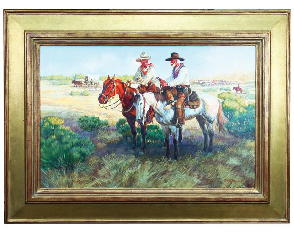 Oil on linen painting by Dave Powell (b.  1954), depicting a scene from the hit film Lonesome Dove, artist signed and framed (est.  $5,000-$10,000).