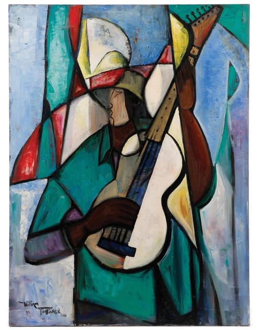 Original painting by the renowned African-American artist William Tolliver (1951-2000), titled Guitar Player in Green.