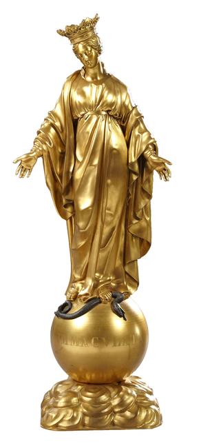 This large gilt bronze statue of the Virgin Mary, shown trampling a serpent on an orb, 40.5 inches tall, is expected to sell for $5,000-$7,000.