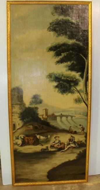 Large circa-1770 oil painting of a courtship scene with animals, possibly country French School.