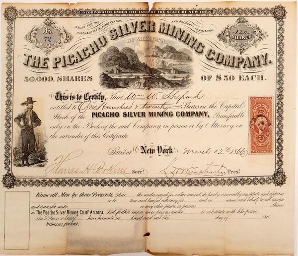 Rare, possibly unique stock certificate for the Picacho Silver Mining Company of Arizona, dated March 12, 1866 for 120 shares, issued to Wm.  W.  Shepard, with signatures (est.  $2,000-$3,000).