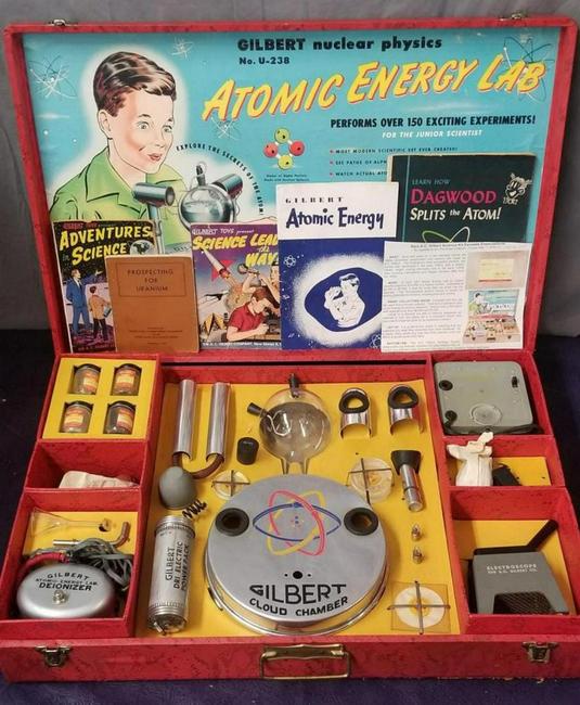 Hard-to-find boxed AC Gilbert 1951 Atomic Energy Lab, an iconic Cold War-era toy and the first one Weiss Auctions has ever handled, packed in a suitcase-style box ($3,600).