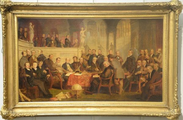 This oil on canvas portrait painting by Thomas Prichard Rossiter (Am., 1818-1871), showing 43 leading American businessmen from the 19th century, sold for $20,400 at the Jan.  1 New Year's Day sale.