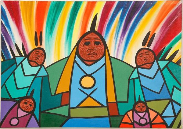 Vivid original acrylic painting by Jerry Whitehead, titled We Are Close, a wonderful example of the artist’s unique style and focus on powwows and powwow dancers (est.  $10,000-$12,000).