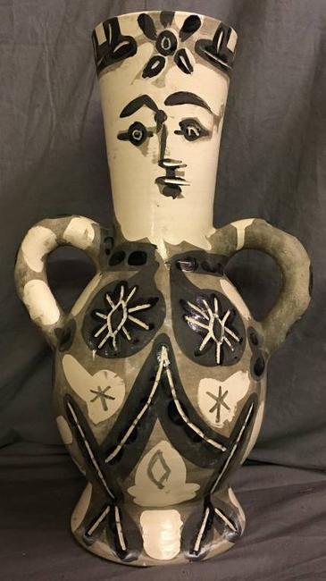 White earthenware two-handled vase by Pablo Picasso from 1952, one in an edition of 400 and 15 inches tall ($37,200).