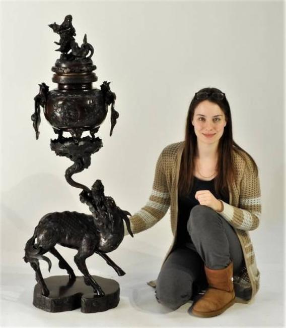 Large and impressive Japanese Meiji period (1868-1912) bronze censer, 50.25 inches tall and nicely decorated with raised panels (est.  $4,000-$6,000).