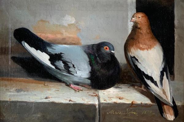 Oil on canvas painting of Two Pigeons on a Ledge, signed and dated lower right (“1879”) by Italian artist Marz Sofra and nicely housed in a heavy gilt frame (est.  $1,500-$2,500).