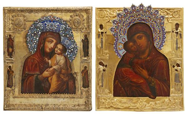 Beautiful pair of 19th century Russian icons, both depicting the Virgin Mary, to be sold as single lots with estimates of $1,000-$1,500 each.