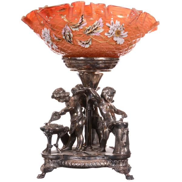 Magnificent, original cased yellow and orange cut velvet art glass brides basket with enamel floral decor, set on an unmarked Wilcox silverplate frame.