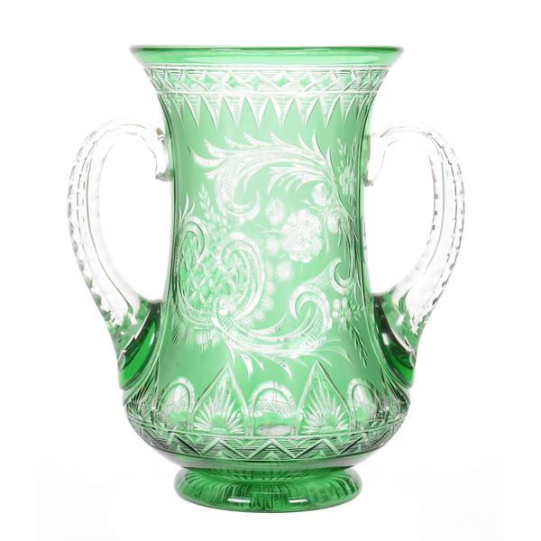 Brilliant Period Cut Glass two-handled, green cut to clear loving cup, 6 ¾ inches tall, with an engraved floral and rococo design attributed to Stevens & Williams.