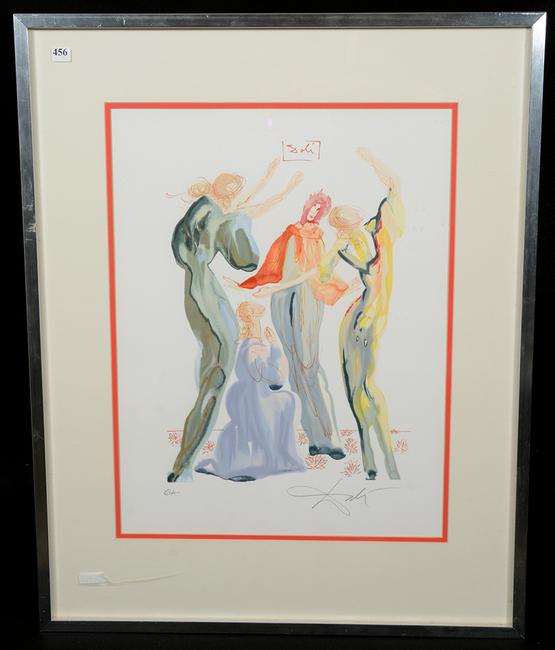 Original woodcut into lithograph print by Salvador Dali titled Dantes & Servant, 30 inches by 24 inches (in the frame).