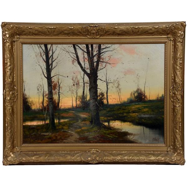 Oil on canvas painting by the Russian artist Robert Rafailovich Falk (1886-1958) depicting a classic scene of a pathway through trees along a stream, mounted in the original gilt wooden frame.