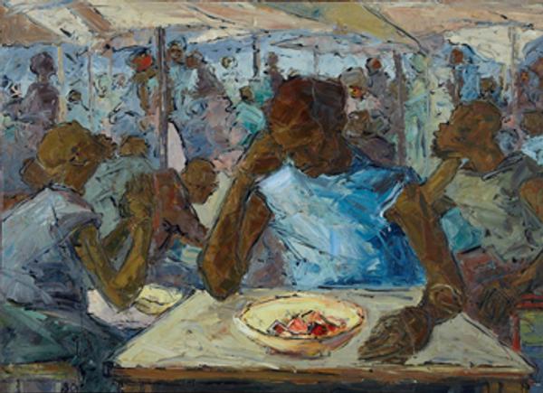 This original oil on canvas painting by the noted Ghanaian artist Ablade Glover (b.  1934), titled Worker's Canteen, will be sold at auction April 16-17 in New Orleans, La.