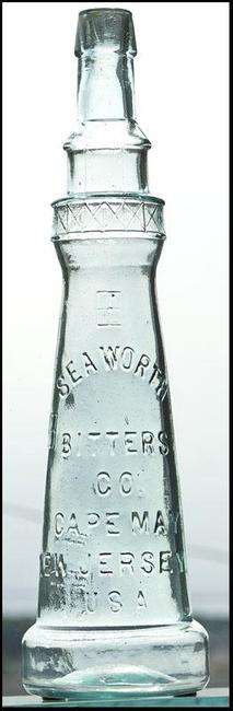 Seaworth Bitters Company bottle, made circa 1880-1890 in a unique form, almost identical to the Cape May Lighthouse in New Jersey, aqua colored and in perfect condition ($25,740).