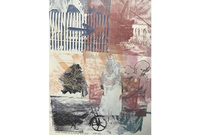 This signed Robert Rauschenberg color lithograph ($700-1,500) embodies the artist’s signature collage style with layered images of sculptures, gates, and a motorcycle, 26 ½ by 22 ¼ inches.