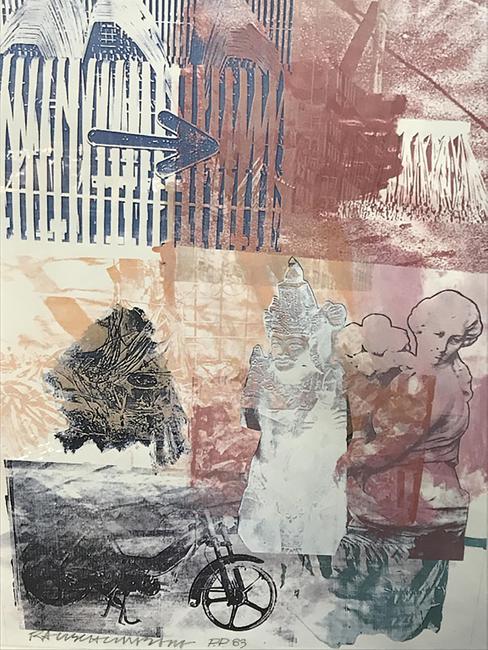 This signed Robert Rauschenberg color lithograph ($700-1,500) embodies the artist’s signature collage style with layered images of sculptures, gates, and a motorcycle, 26 ½ by 22 ¼ inches.