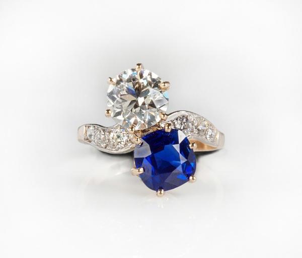 This stunning Kashmir sapphire and diamond ring in a gold and platinum setting sold for $103,500 at Cottone Auctions' Sept.  23-24 Fine Art & Antiques Auction.