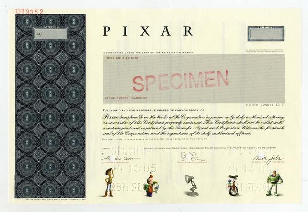 A 2005 PIXAR (Calif.) odd shares specimen stock certificate with Apple co-founder Steve Jobs’ facsimile signature, depicting early PIXAR animation characters on the bottom (est.  $300-$500).