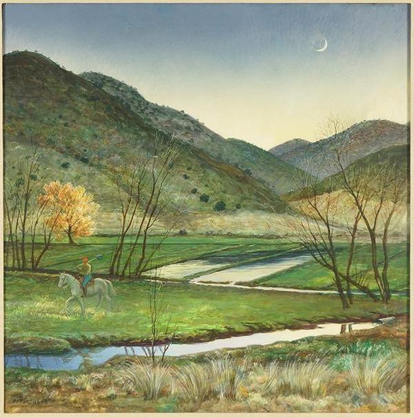 Egg tempera on board by Peter Hurd (American, 1904-1984), titled Day’s End, signed lower left and measuring 22 inches by 22 inches (sight) (est.  $1,500-$2,000).