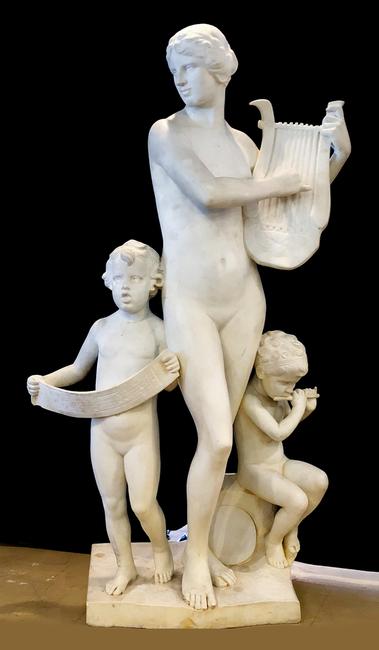 Carved marble grouping of a young woman playing a lyre harp with two children at her side, by Albert Weinert (Am., 1863-1947), 78 inches tall, signed and dated 1924 (est.  $40,000-$80,000).