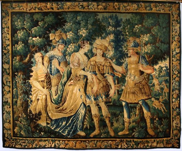 This 17th century Brussels wool and silk tapestry, depicting figures in armor and two ladies in a wooded landscape, is expected to hammer for $7,000-$12,000.