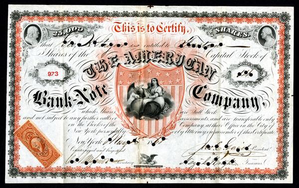 Beautiful and rare American Bank Note Company 1868 stock certificate rarity.