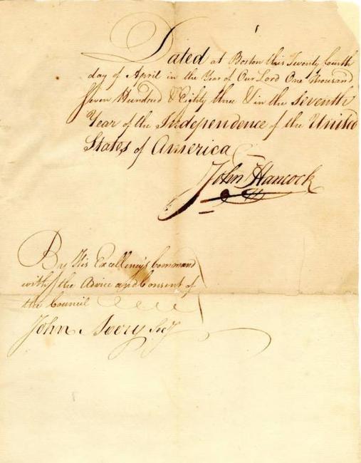 Superb John Hancock signed manuscript from 1783 in remarkable condition, with a bold version of one of the most recognizable and famous signatures in history (est.  $4,000-$5,000).