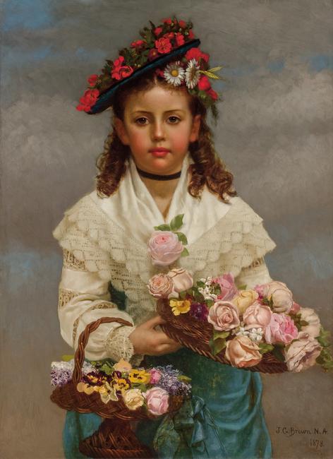 JOHN GEORGE BROWN (American, 1831-1913), The Flower Girl, 1878, oil on canvas, signed and dated, 30 x 22 inches, Estimate: $70,000-100,000.