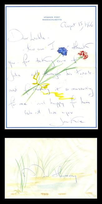 Letter hand-penned in August 1966 by Jacqueline Kennedy to Luella Hennessy, John Jr.'s nanny, written on hand-painted stationery (est.  $3,000-$3,500).