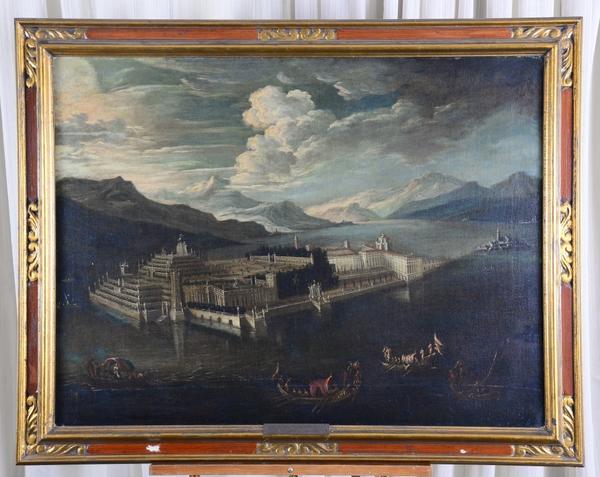 Beautiful 19th century painting done in the manner of Antonio Canaletto (It., 1697-1763), depicting Nero's Castle at Lake Maggione, Italy.