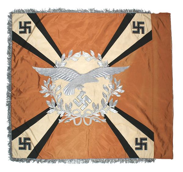 This World War II Nazi Luftwaffe Signal Regiment standard, beautifully embroidered, 4 feet by 4 feet, has a minimum bid of $16,500.