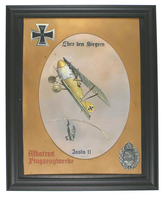 Detailed painting of a German World War I Albatross plane downing a French aircraft, signed "J.  Hippel '17" ($3,900).