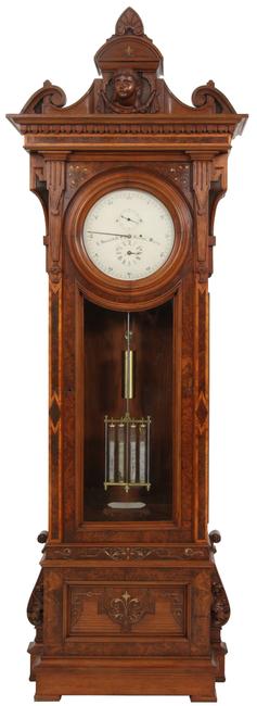 This E.  Howard & Co.  No.  43 astronomical floor regulator ($150/250,000) retains its original and signed 14-inch painted metal dial.  