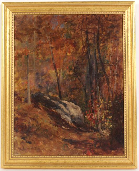 Oil paintings will feature an oil on canvas by the renowned artist and designer Louis C.  Tiffany (American, 1848-1933), titled Woods Landscape, signed lower left.