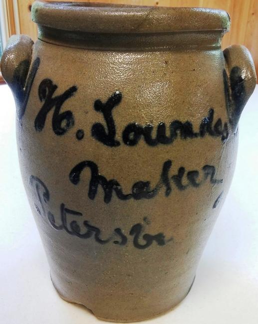 This stoneware pottery jug by the early 19th century Virginia maker Henry Lowndes will be sold on-site on Saturday, Oct.  24th, in Chesterfield, Virginia.