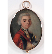 Miniature portrait of Lt.  Steele of the Royal Welsh Fuzileers (England, circa 1764), just 2 1/8 inches tall by 1 7/16 inches wide, in a gold case (est.  $2,000-$3,000).  