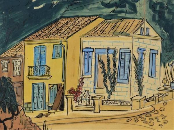 Casein paint, ink and pencil on board by Ludwig Bemelmans (Fr./Am., 1898-1962), depicting a lovely Spanish street scene, signed and dated 1956 ($13,750)