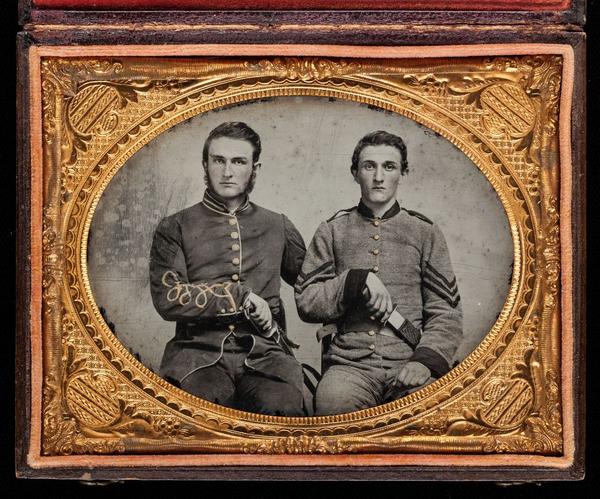 Unknown Artist, Captain Charles A.  and Sergeant John M.  Hawkins, Company E, 38th Regiment Georgia Volunteer Infantry, 1861-62.  ¼ plate ambrotype.  Private Collection.  