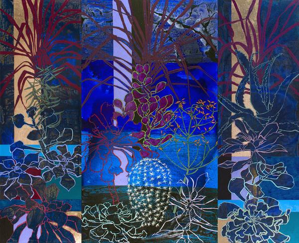 Midnight in the Huntington Library Cactus Garden, 2014, Mixed Media on Canvas - Triptych, 108 x 132 inches