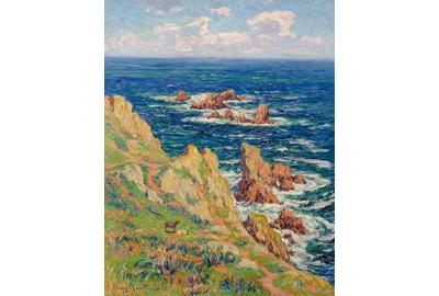 Henry Moret (French, 1856-1913), Rochers de Penharn Baie de Douarnenez, 1911, Oil on canvas, 36 1/2 x 28 3/4 inches.  Property of the Gertrude D.  Davis Trust.  Est.  $75,000-125,000.