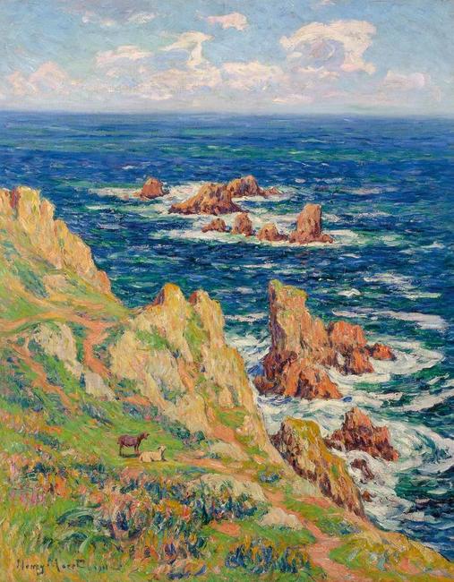 Henry Moret (French, 1856-1913), Rochers de Penharn Baie de Douarnenez, 1911, Oil on canvas, 36 1/2 x 28 3/4 inches.  Property of the Gertrude D.  Davis Trust.  Est.  $75,000-125,000.